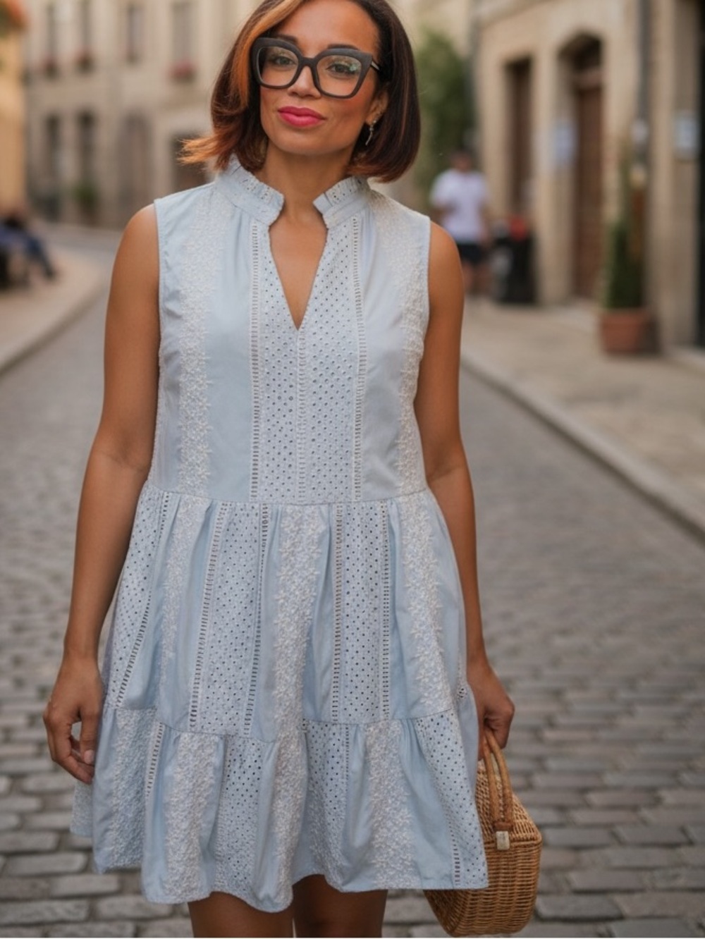 Fate Baby Blue/ Cream Embroidered Detail Eyelet Ruffle Hem Baby Doll Dress sz M